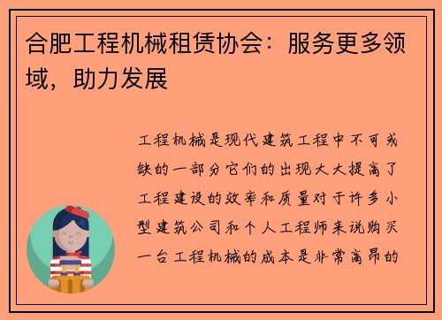 合肥工程机械租赁协会:服务更多领域,助力发展